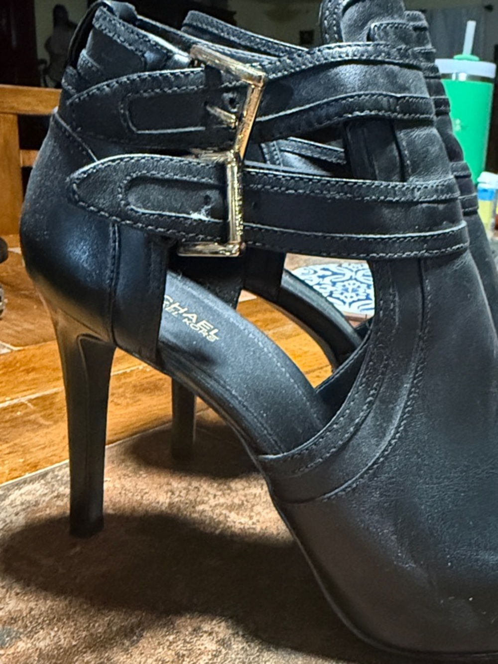 Michael Kors Black Open-Toe Strappy Stiletto Heels with Gold Buckle SMOKING